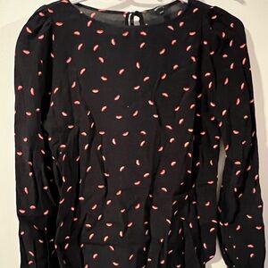 Black Blouse with Pink Leaf Pattern